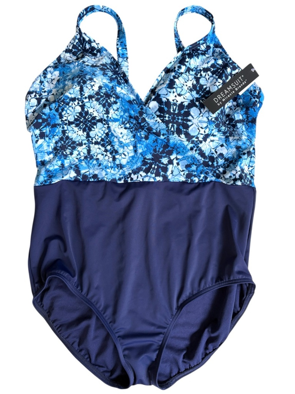 NWT Dreamsuit By Miracle Brands One Piece Blue TieDye Wrap Top Swimsuit Size 18W